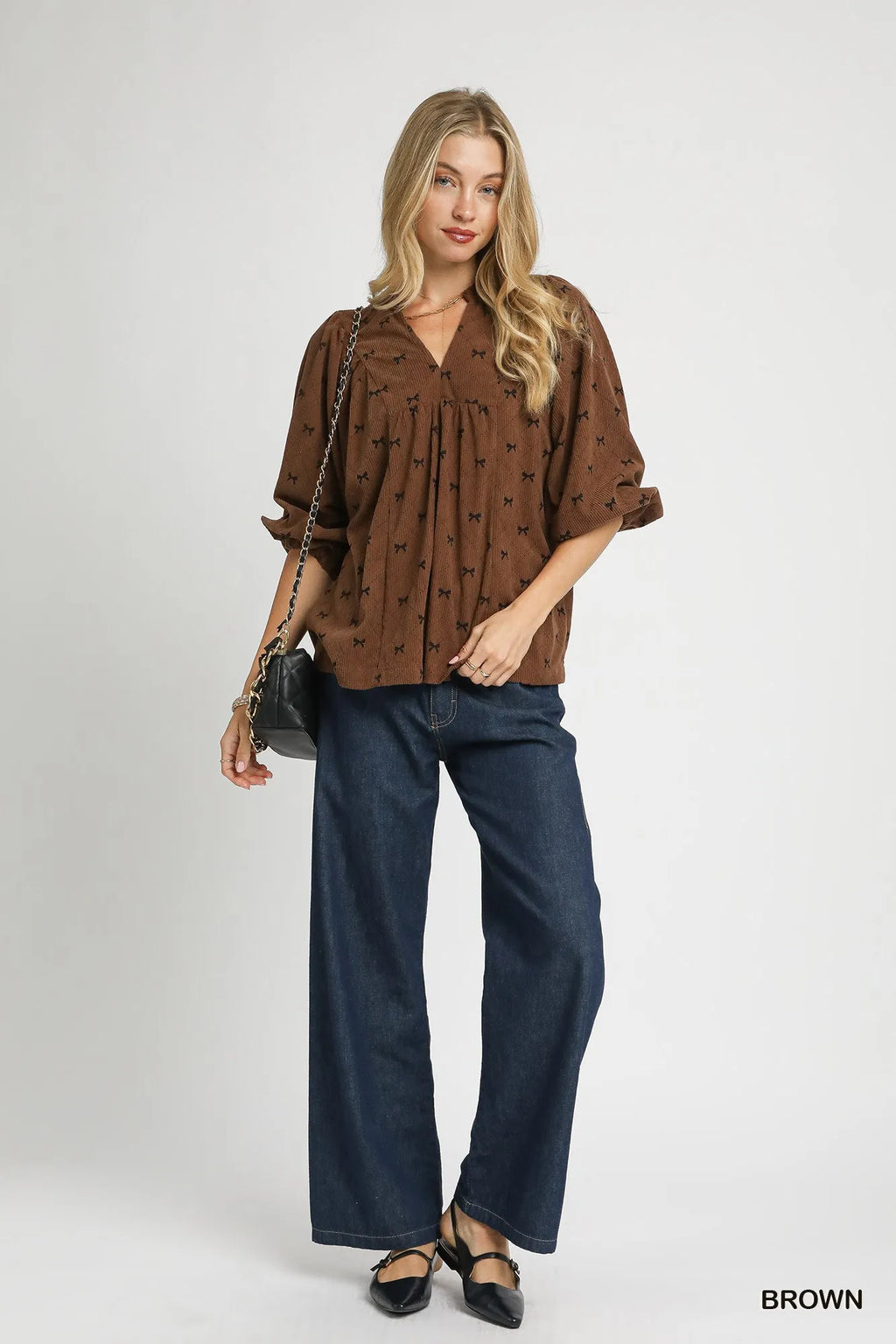 Umgee Corduroy Bow Print Balloon Sleeve Blouse