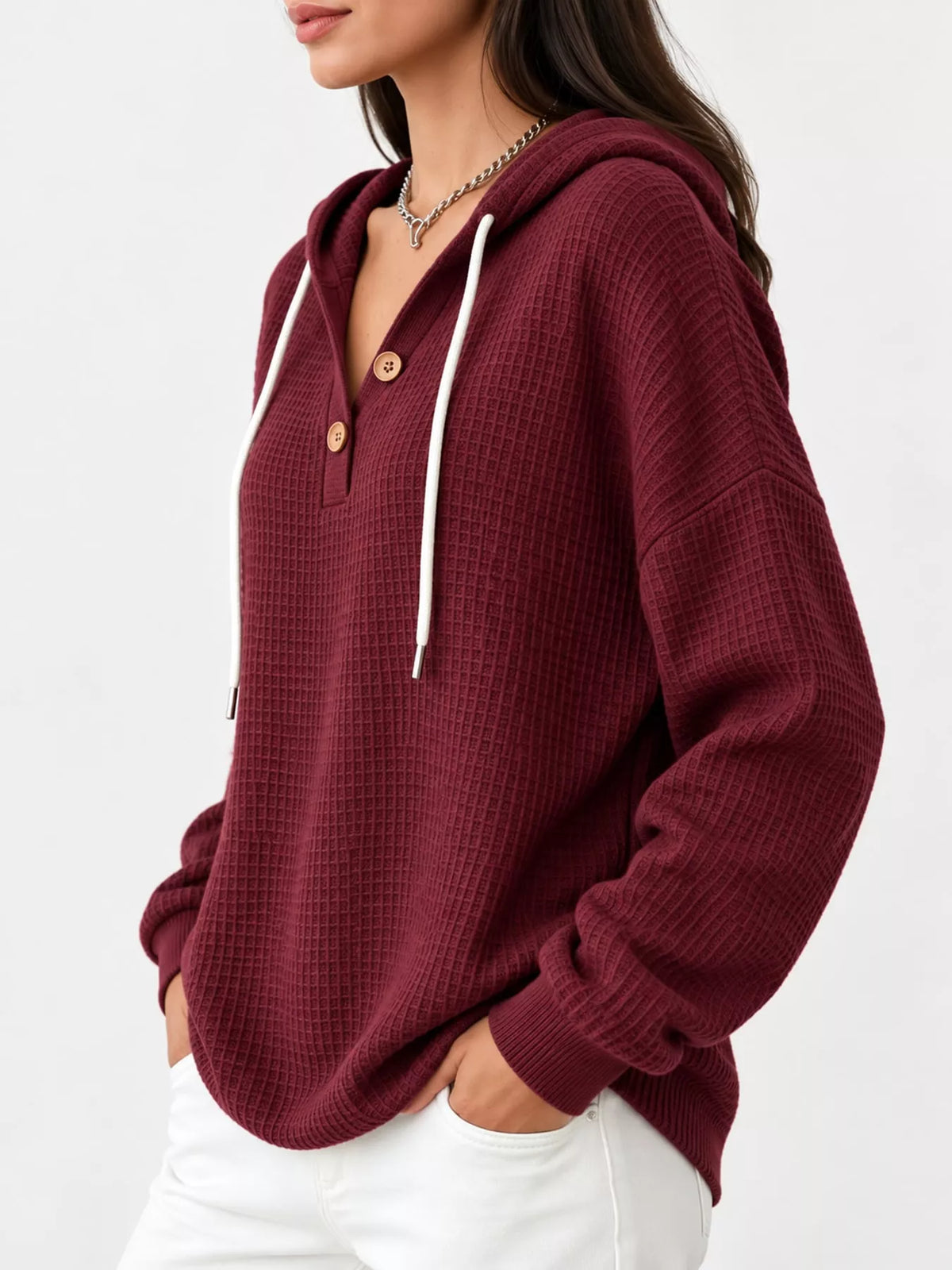 Full Size Waffle Knit Button Detail Hoodie Plus Size