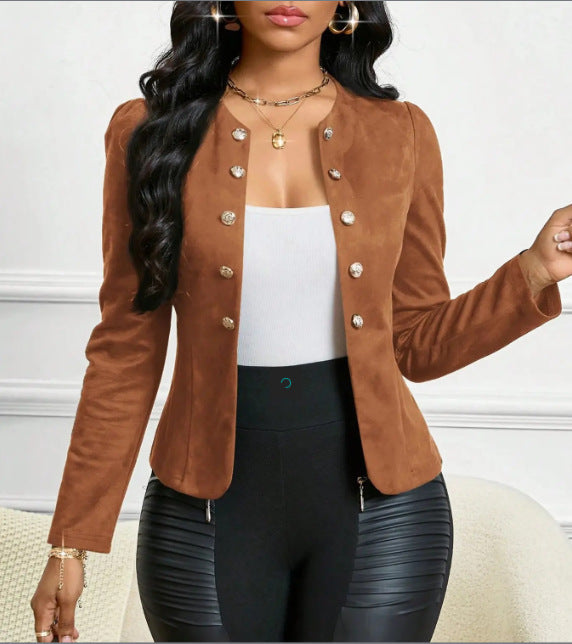 Womens Double-breasted Long-sleeve Suit Jacket Without Lining