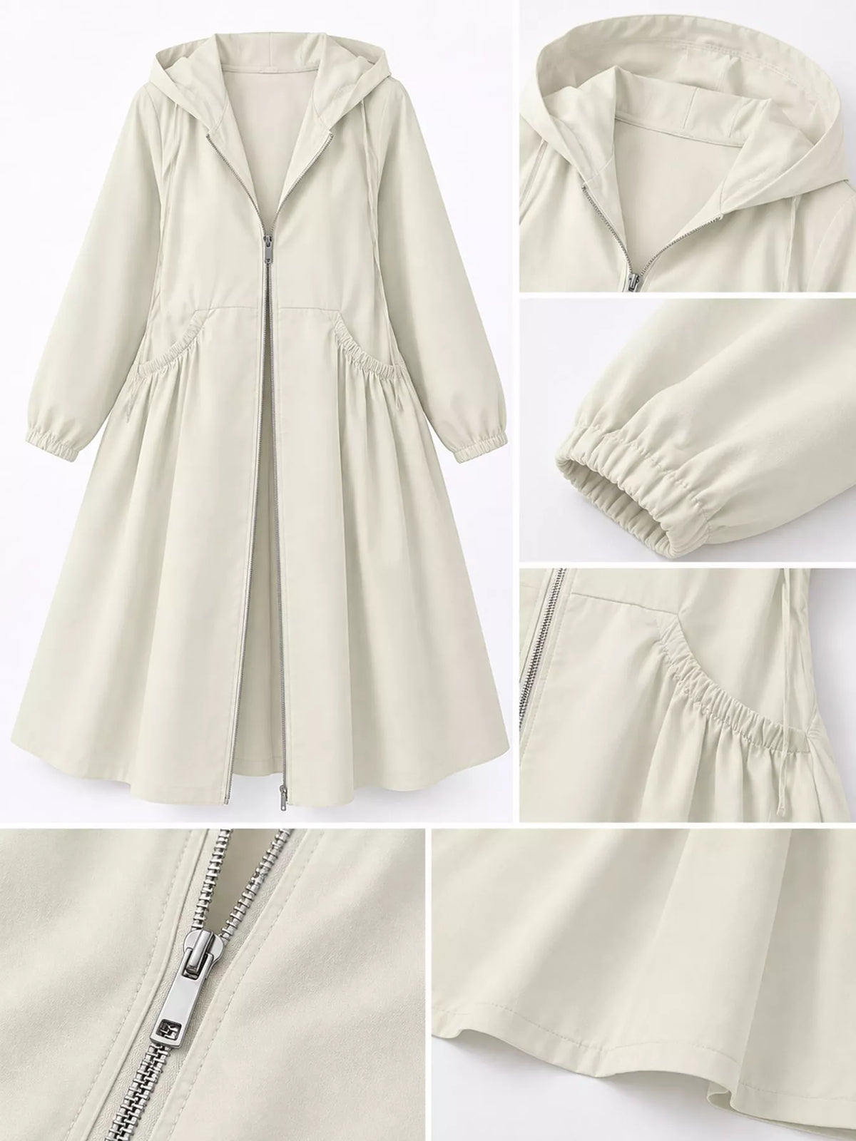 Plus Size Hooded Zip-Up Longline Windbreaker Outerwear