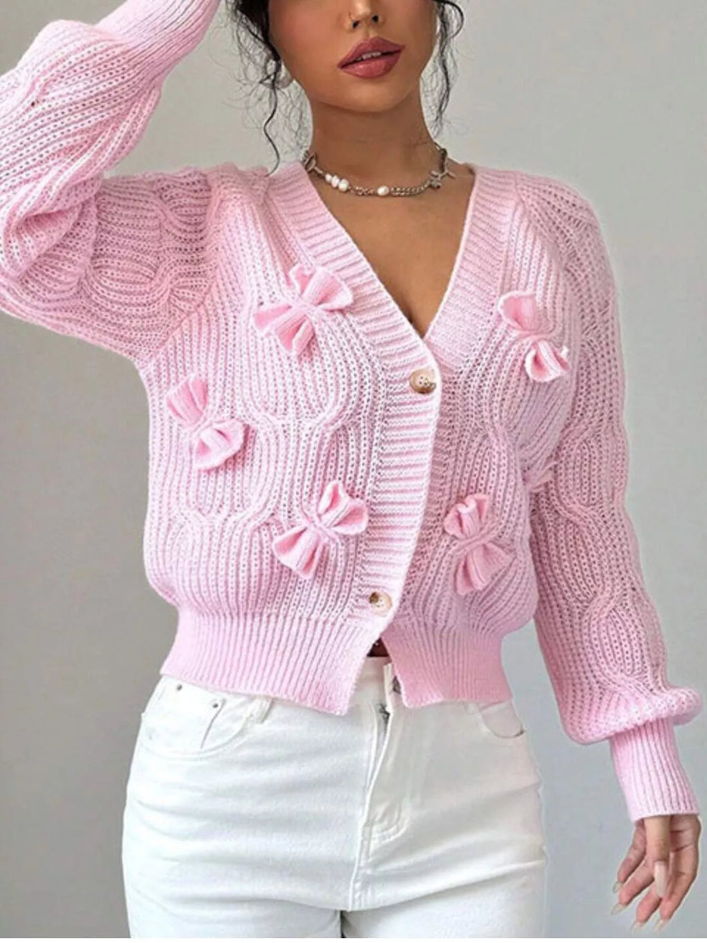 Bow Cable Knit V-Neck Cardigan