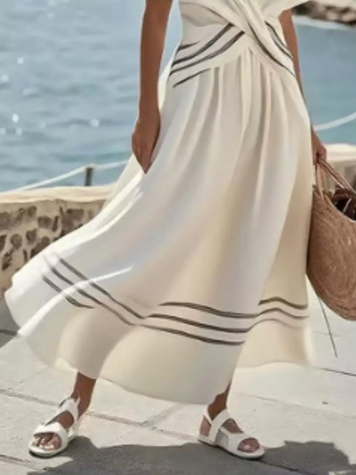 Full Size Striped Surplice Half Sleeve Midi Dress Plus Size