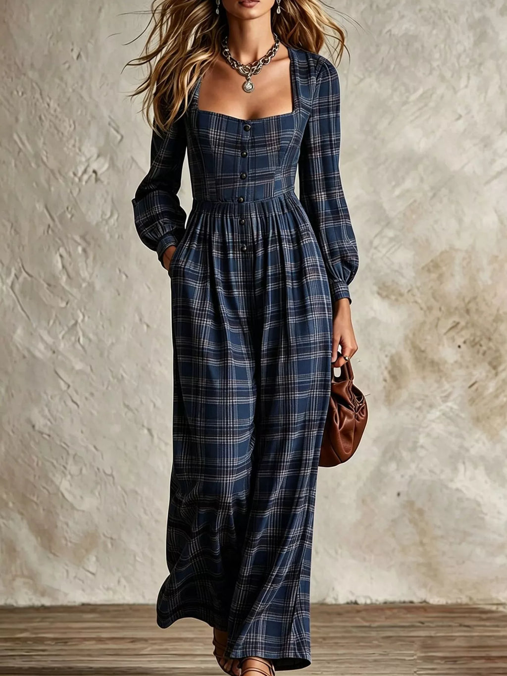Plaid Square Neck Long Sleeve Wide-Leg Jumpsuit