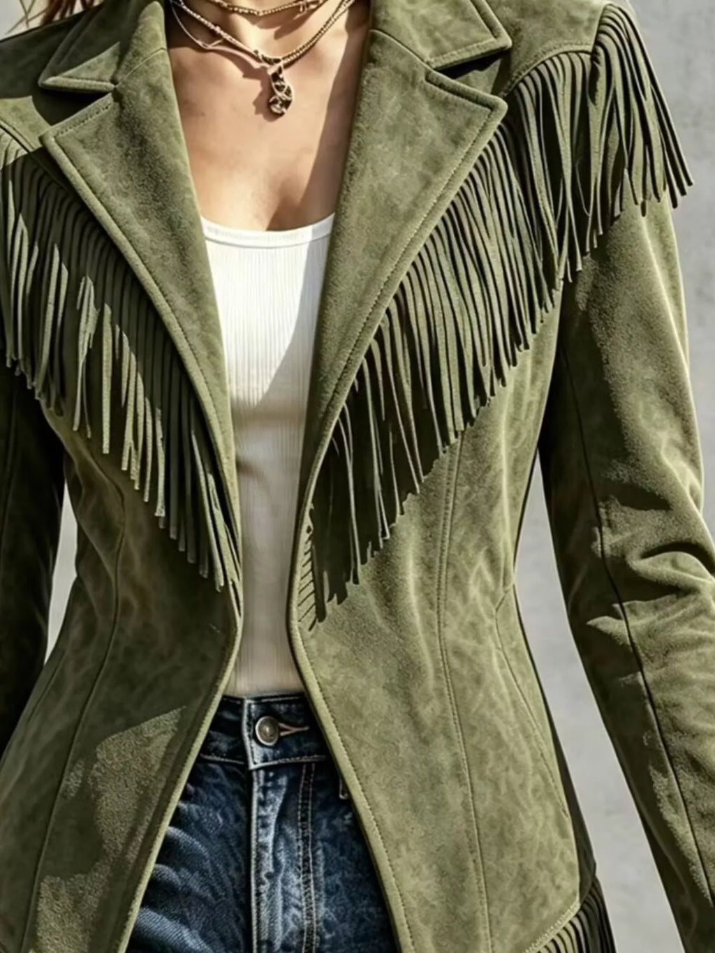 Western-Inspired Fringed Open Front Jacket