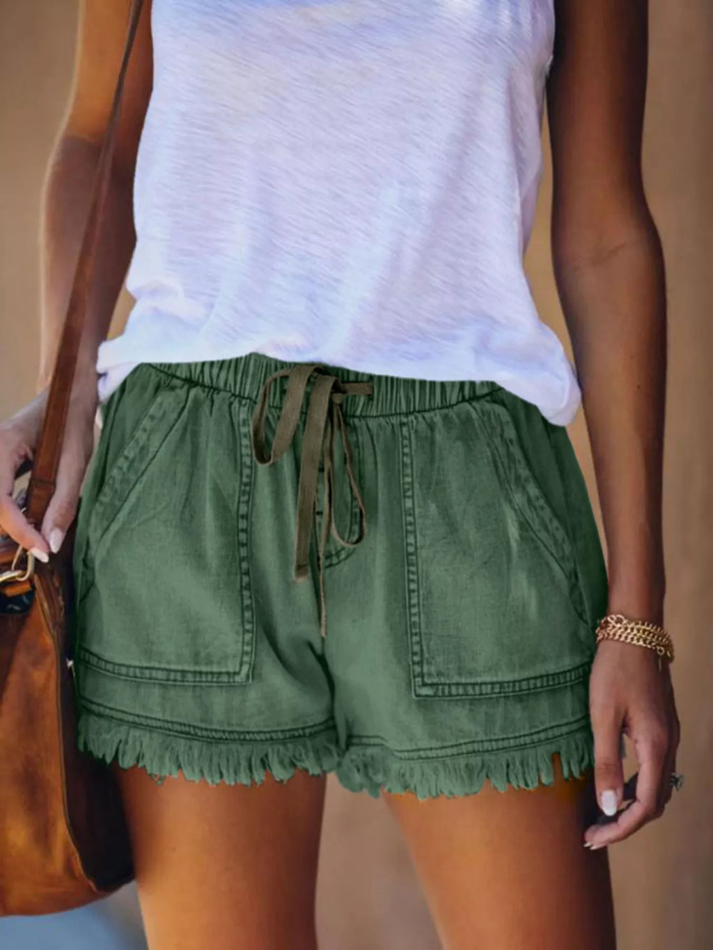 Full Size Drawstring Frayed Hem Denim Shorts Plus Size