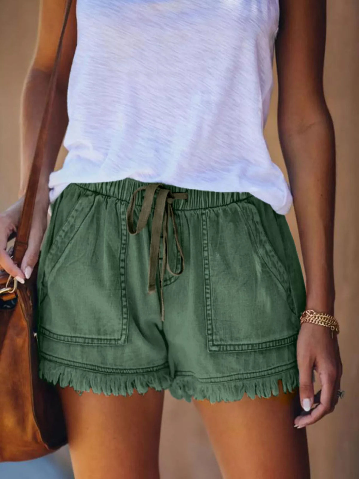 Full Size Drawstring Frayed Hem Denim Shorts Plus Size