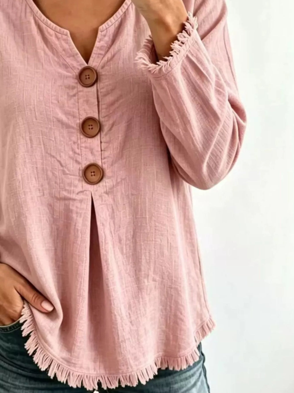 Full Size Casual Half-Button Blouse with Frayed Hem Detail Plus Size