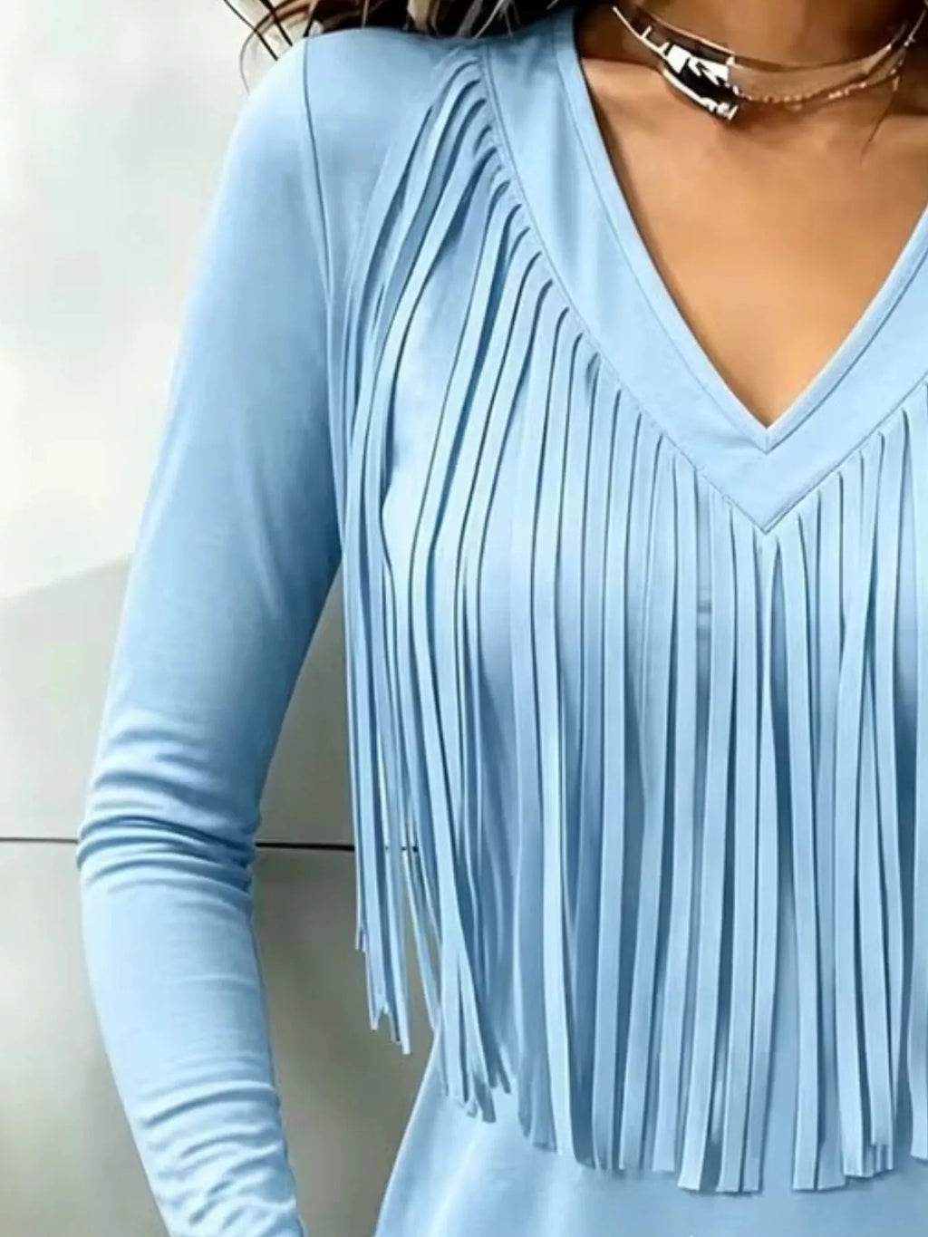 Fringe V-Neck Long Sleeve T-Shirt