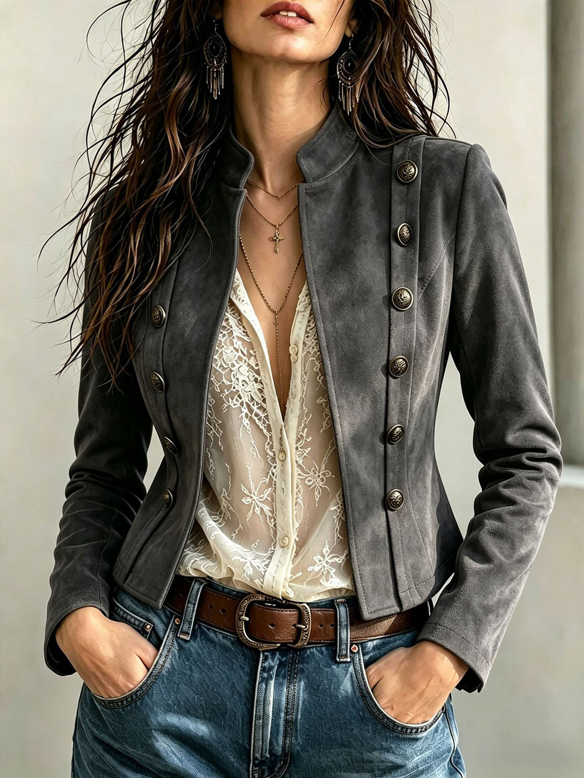 Vintage Double-Breasted Short Coat Womens Stand-Neck Jacket