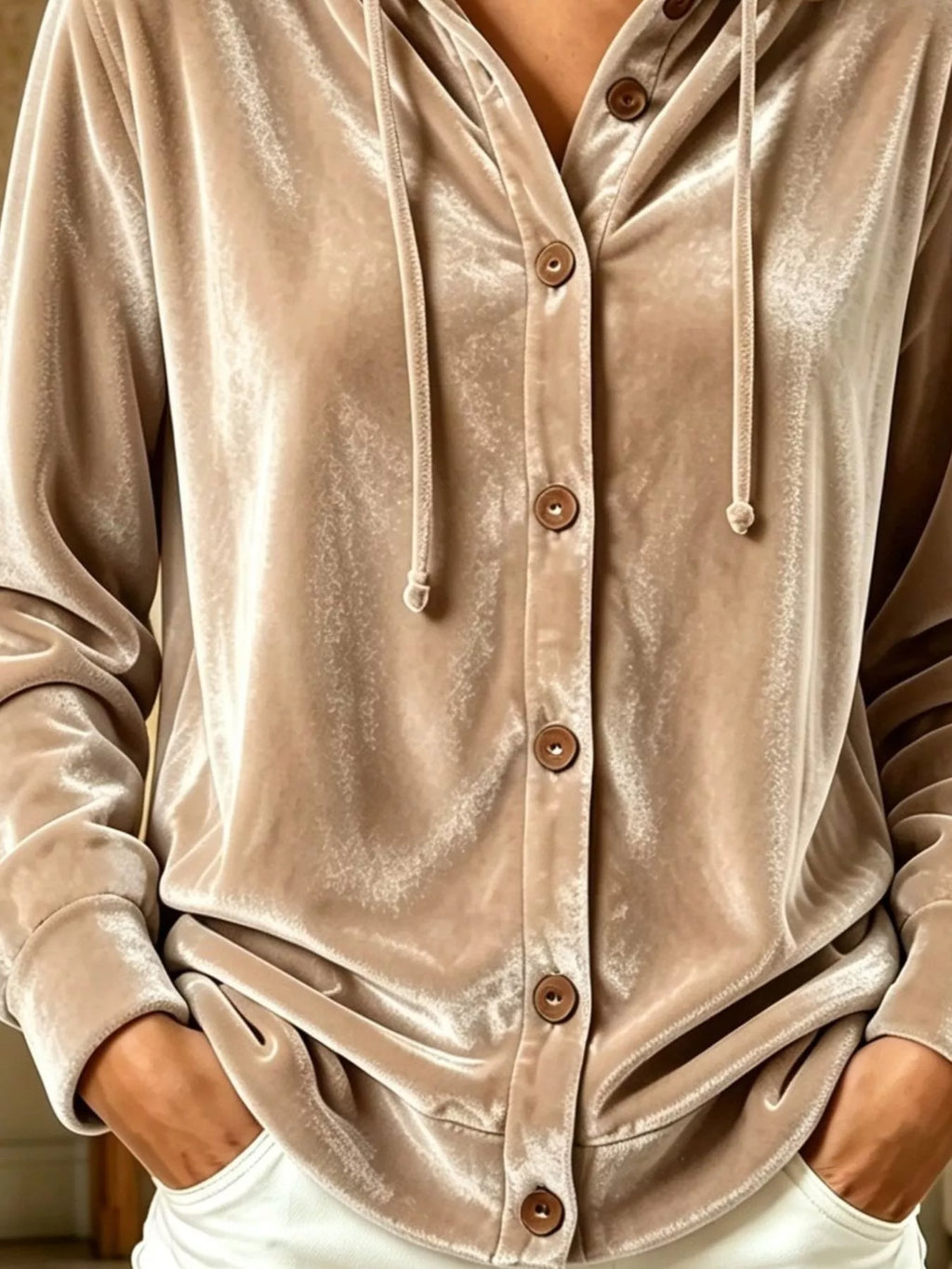 Full Size Velvet Button-Down Hooded Top Plus Size