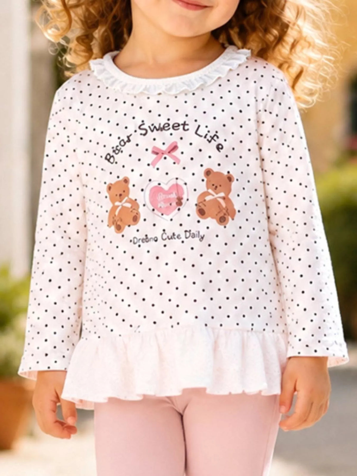 Children's Polka Dot Bear Long-Sleeve Top and Leggings Set