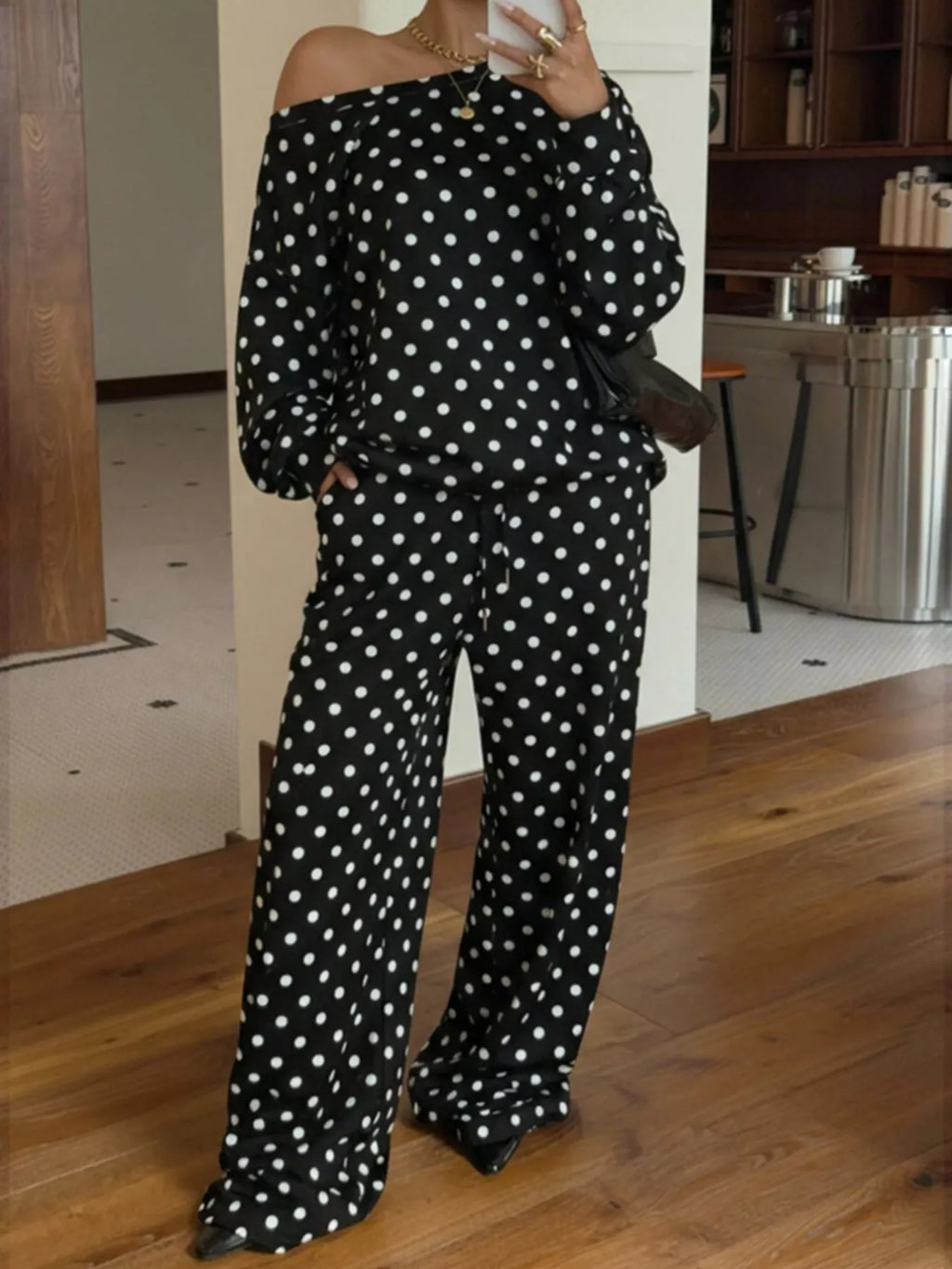 Polka Dot Long Sleeve Top and Pants Set