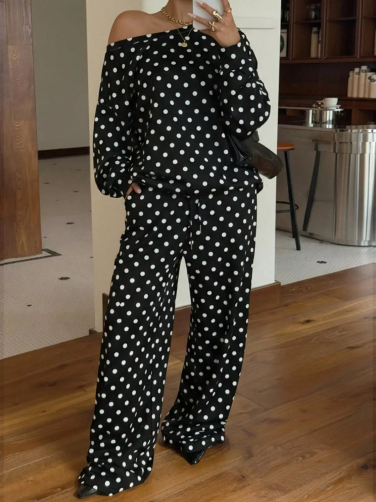 Polka Dot Long Sleeve Top and Pants Set