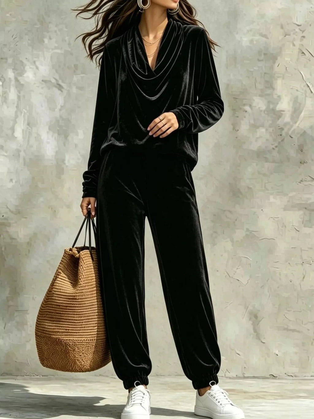 Full Size Velvet Cowl Neck Top and Pants Set Plus Size