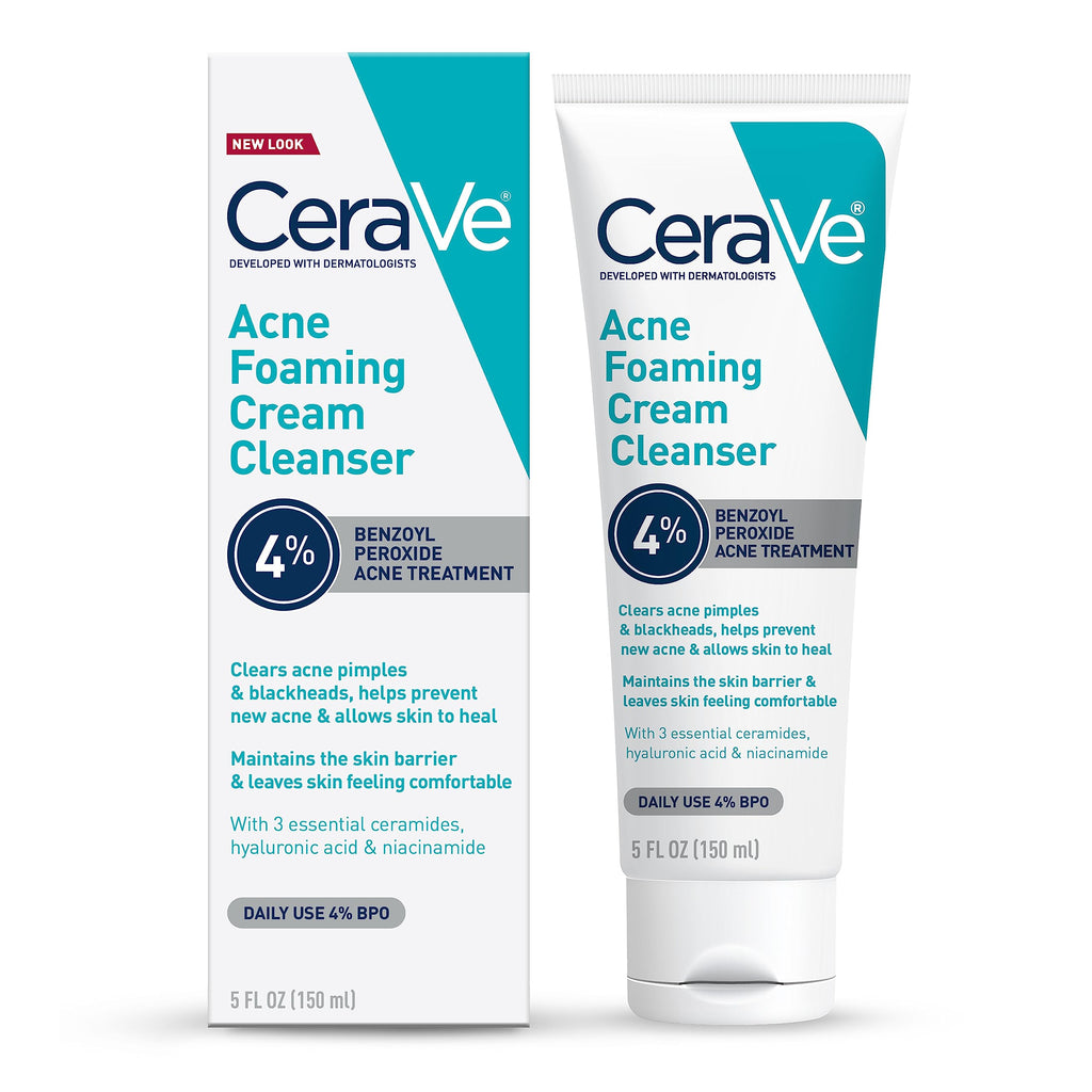 CeraVe Acne Foaming Cream Cleanser 4% Benzoyl Peroxide Face Wash With Hyaluronic Acid Niacinamide & Ceramides Gentle Daily Acne Treatment For Face