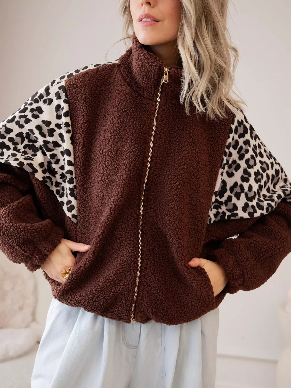 Leopard Patchwork Fleece Western Style Zip-up Collar Jacket