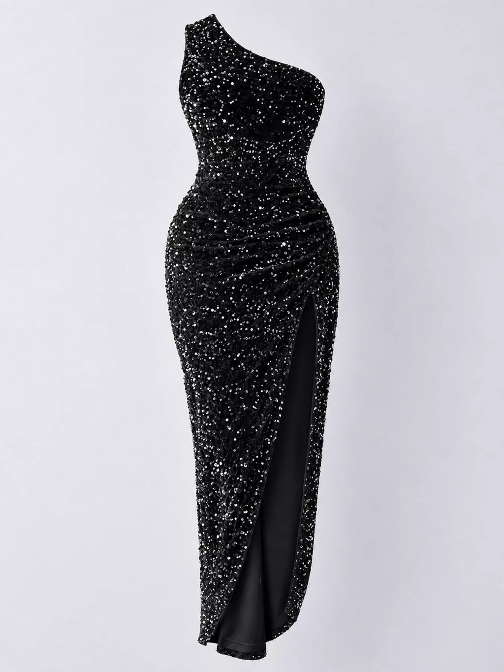 One-Shoulder Ruched Sequin High-Slit Evening Dress