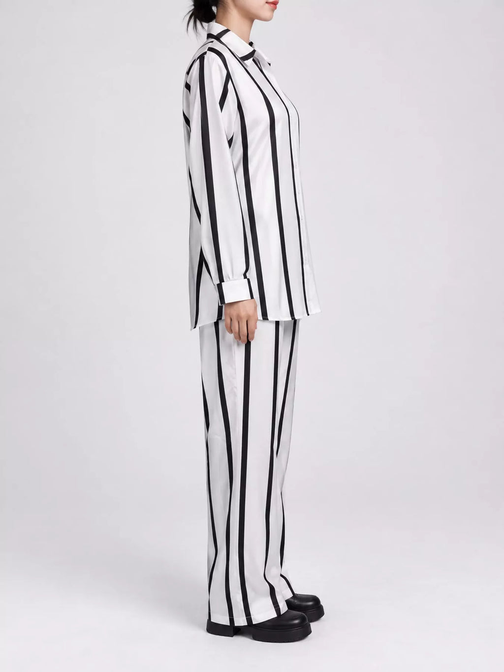 Striped Button-Down Shirt and Wide-Leg Pants Two-Piece Set