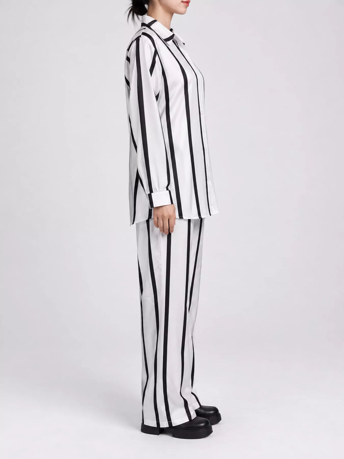 Striped Button-Down Shirt and Wide-Leg Pants Two-Piece Set