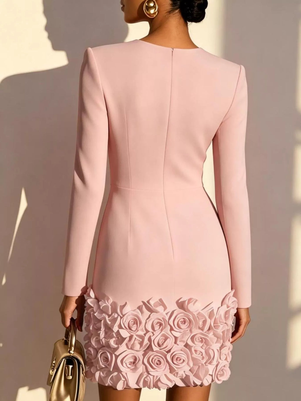 V-Neck Long Sleeve Mini Dress with 3D Rose Floral Hem