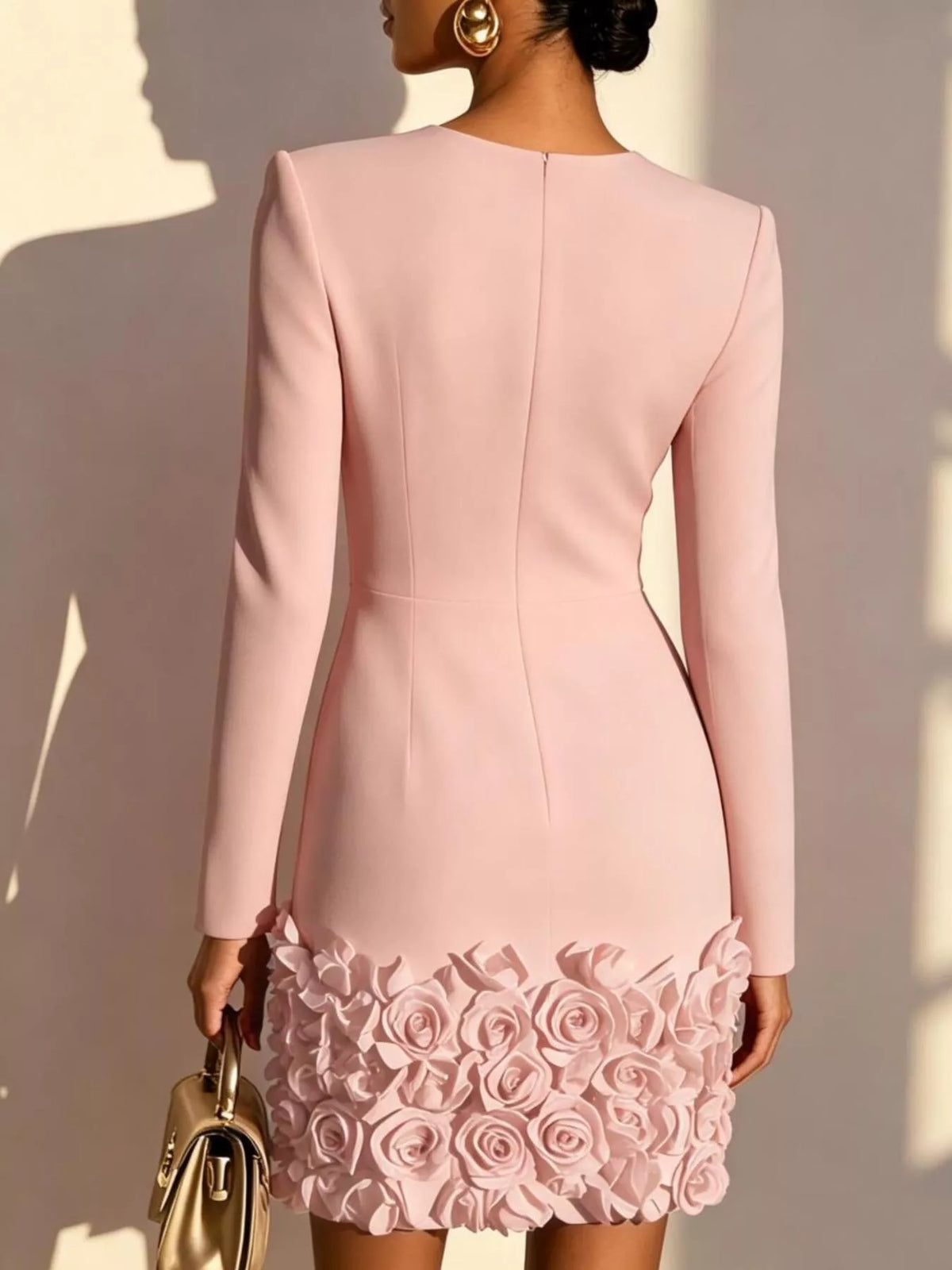 V-Neck Long Sleeve Mini Dress with 3D Rose Floral Hem