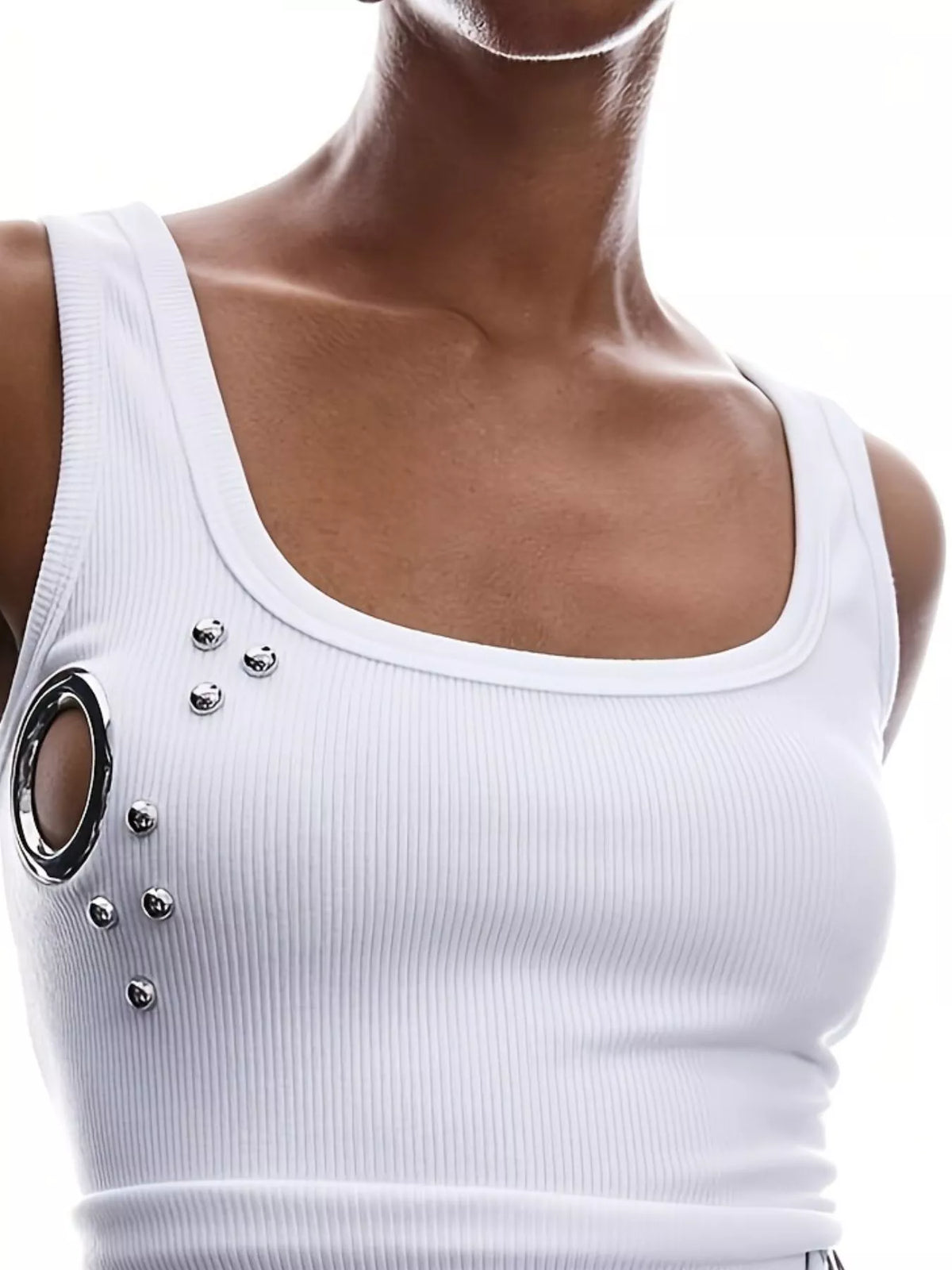 Ribbed Tank Top with Metal Grommet Cutouts and Stud Embellishments