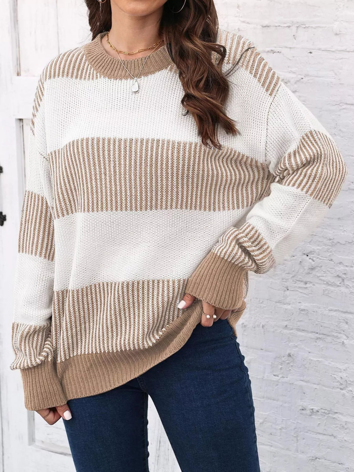 Full Size Striped Color Block Crew Neck Sweater Plus Size