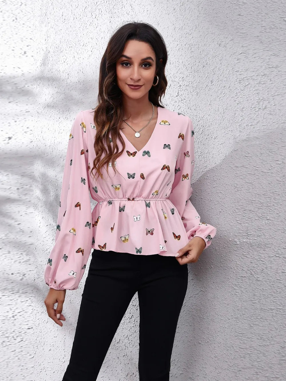 Butterfly Print Peplum Blouse with Balloon Sleeves