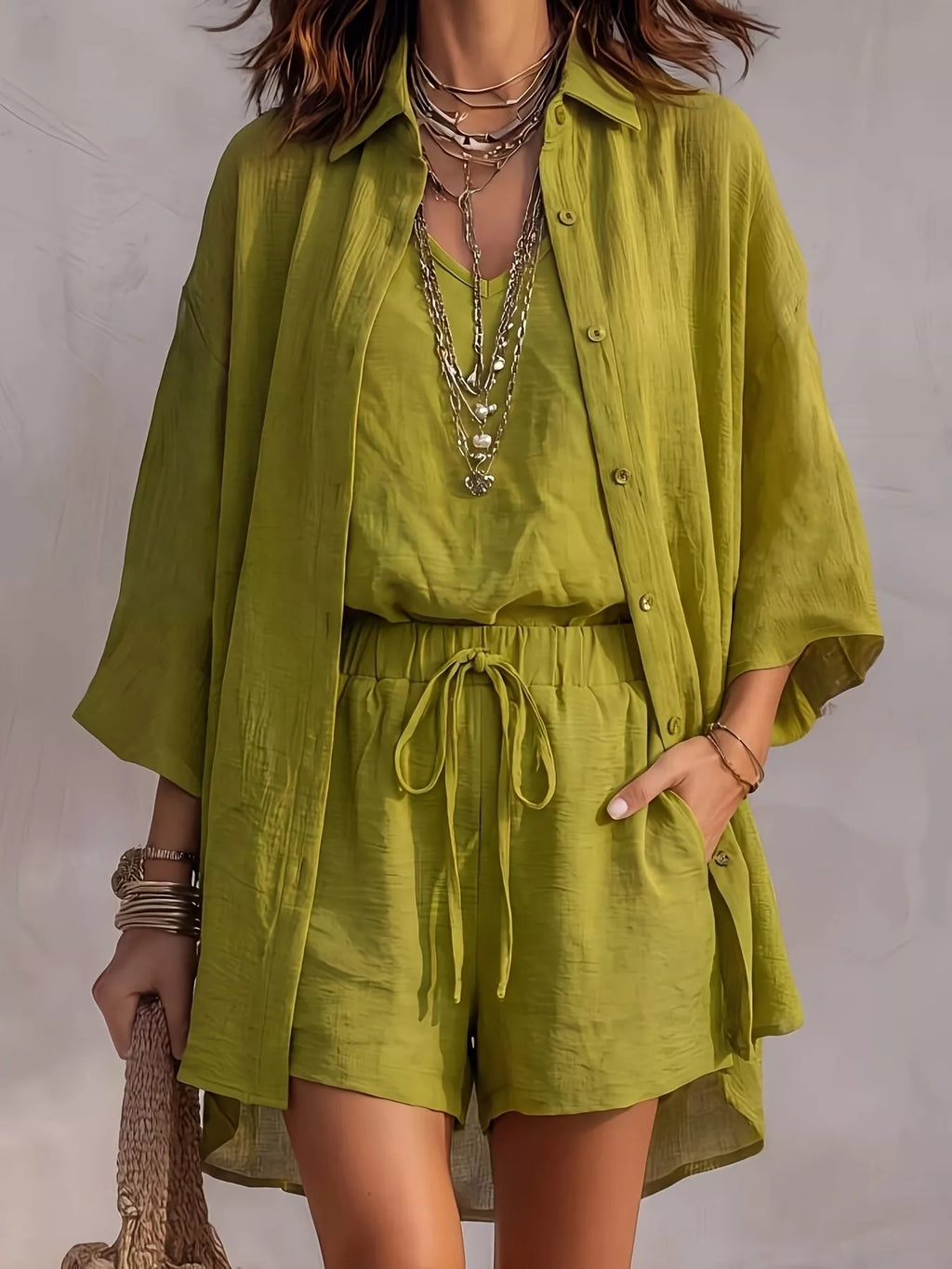 V-Neck Tank & Button-Down Shirt and Shorts Set