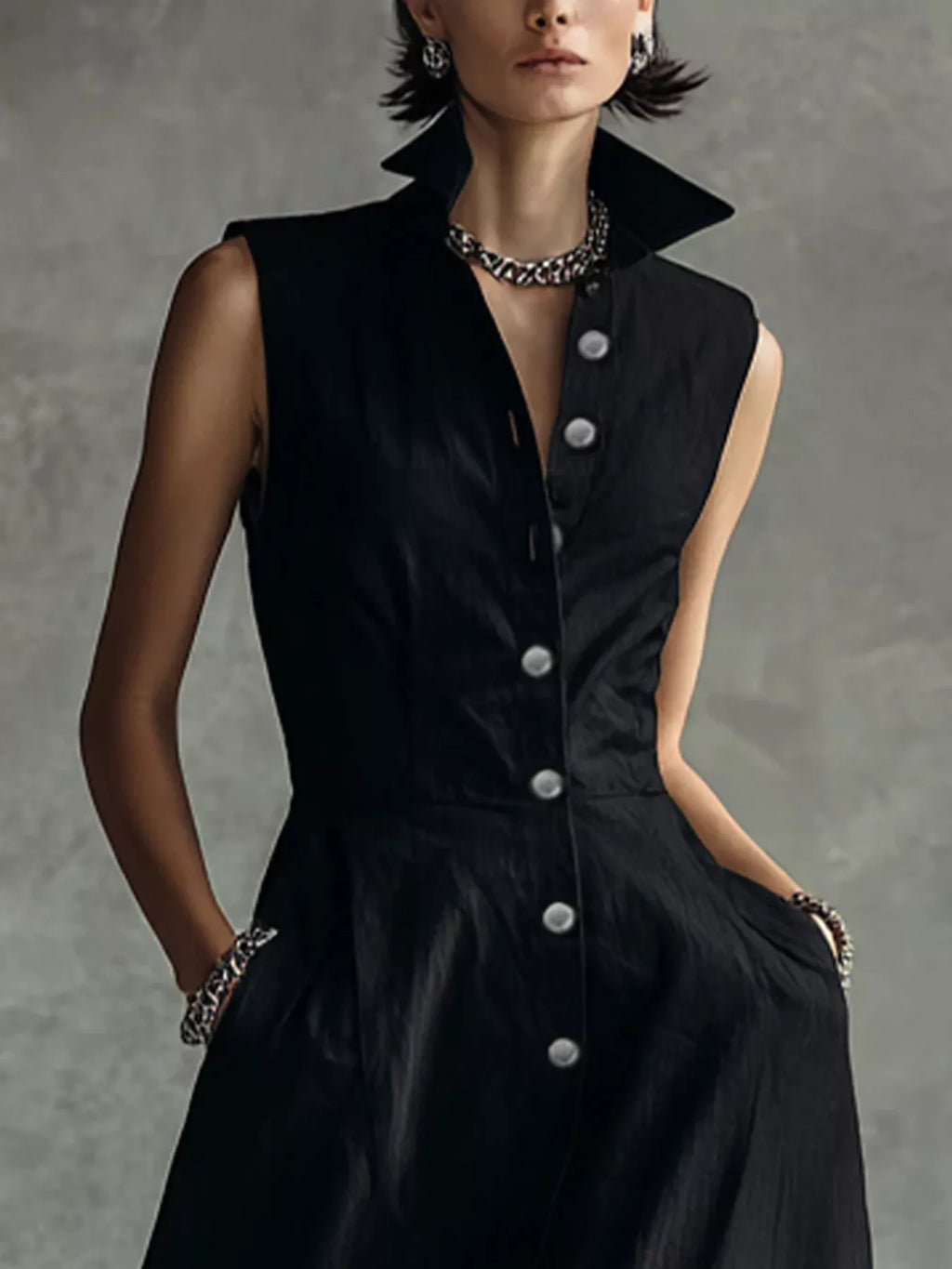Sleeveless Button-Down Midi Shirt Dress