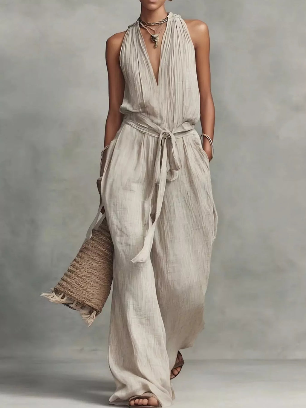 Sleeveless Wide-Leg Jumpsuit with Tie-Waist