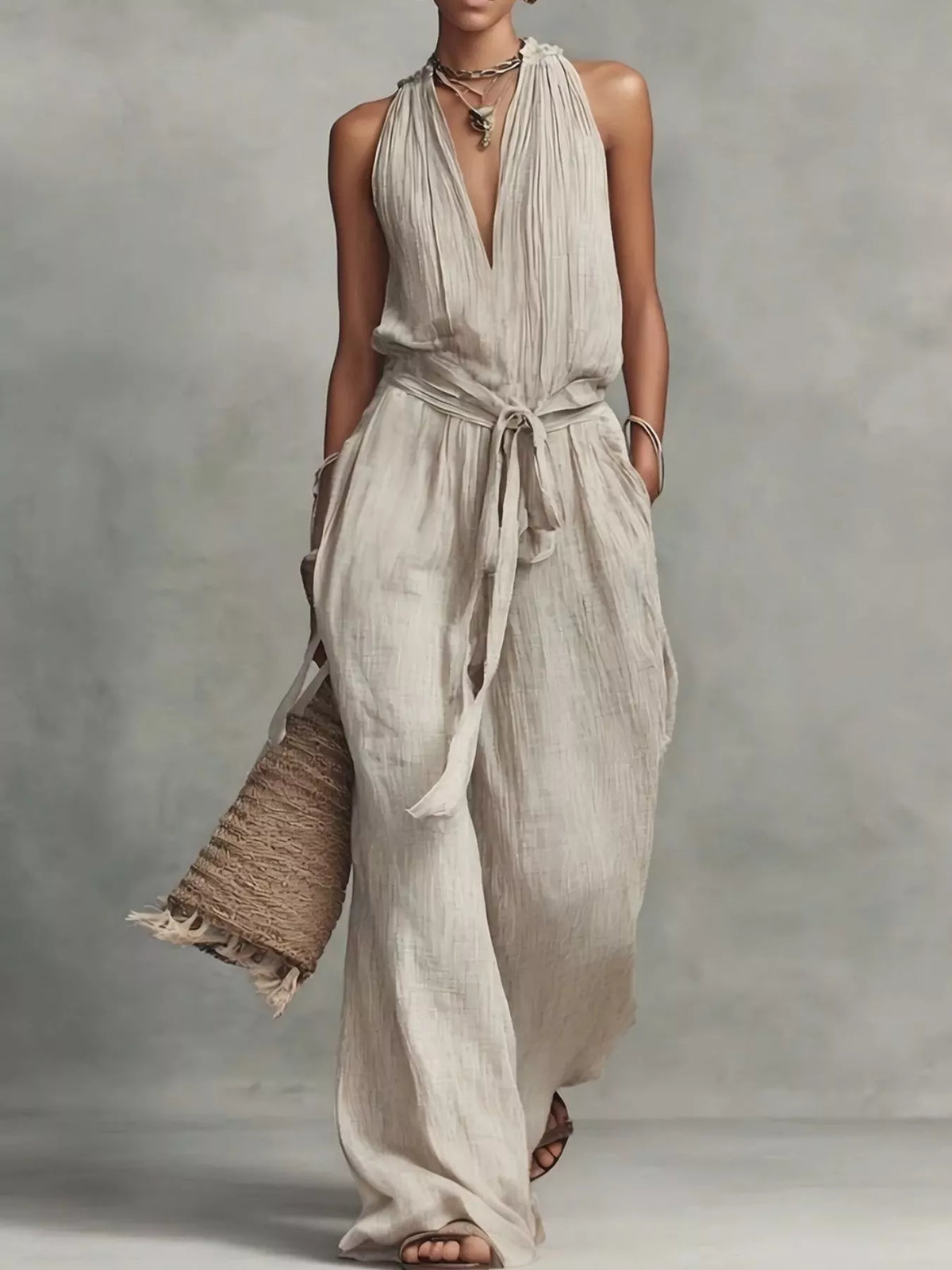 Sleeveless Wide-Leg Jumpsuit with Tie-Waist