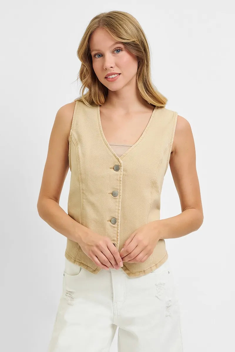 RISEN Full Size V Neck Button Down Vest Plus Size