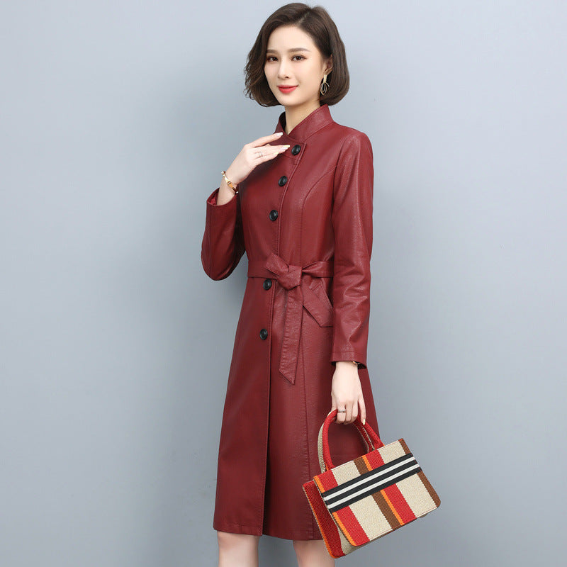New Women Leather Trench Spring Turn-down Collar Solid Color Drawstring Loose Long Sheepskin Coat