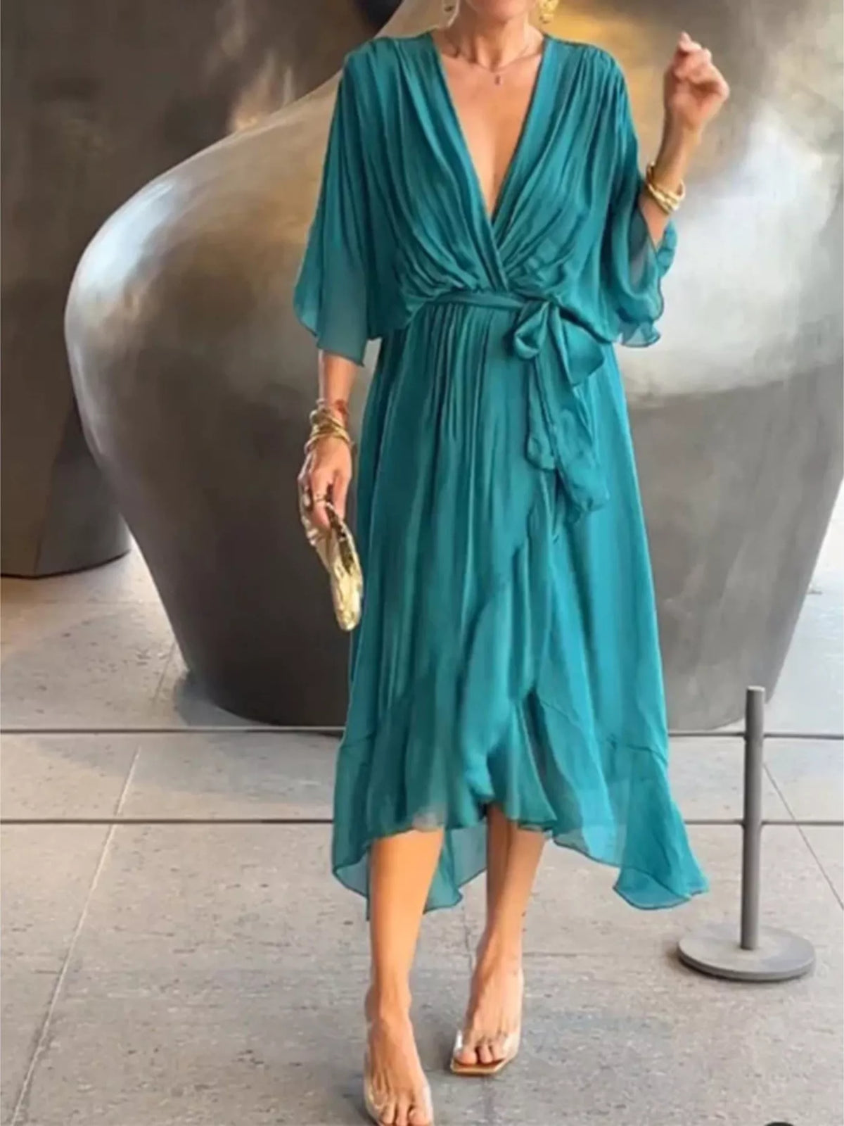 Full Size Chiffon Wrap Dress with Flutter Sleeves Plus Size