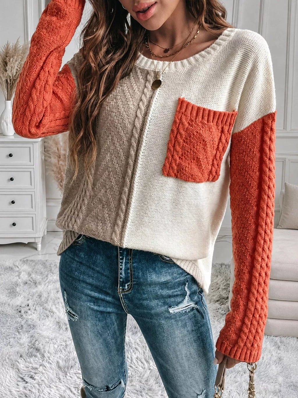 Color Block Cable Knit Sweater