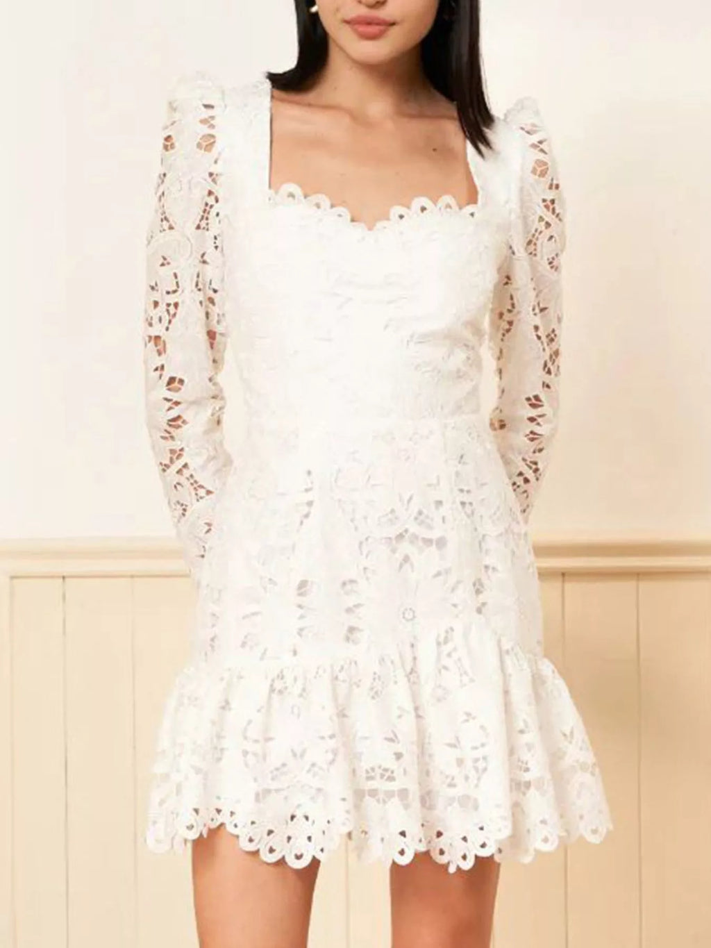 Lace Long-Sleeve Mini Dress with Scalloped Neckline