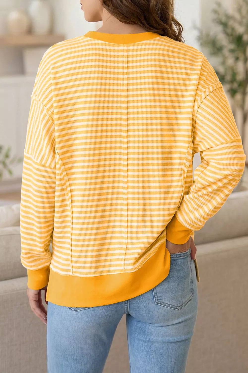 Stripe Halloween Pumpkin Face Waffle Knit Pullover Loose Top with Slits