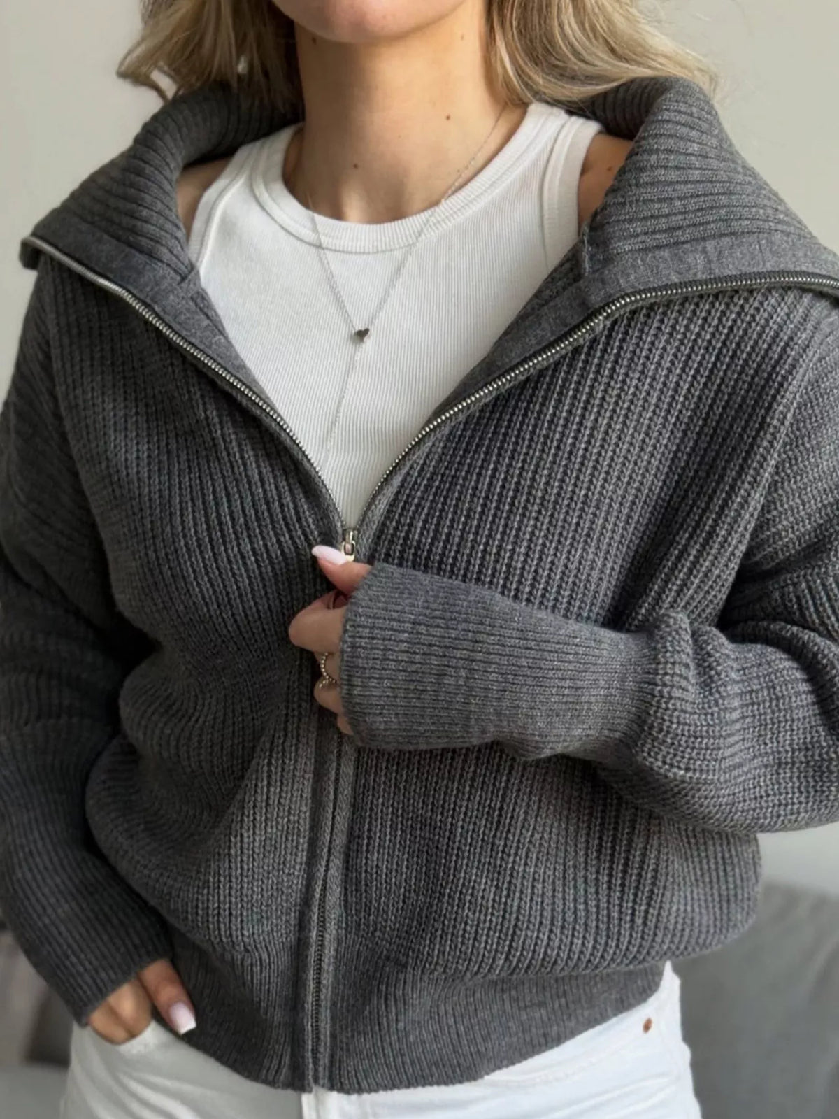 Zip Up Dropped Shoulder Cardigan