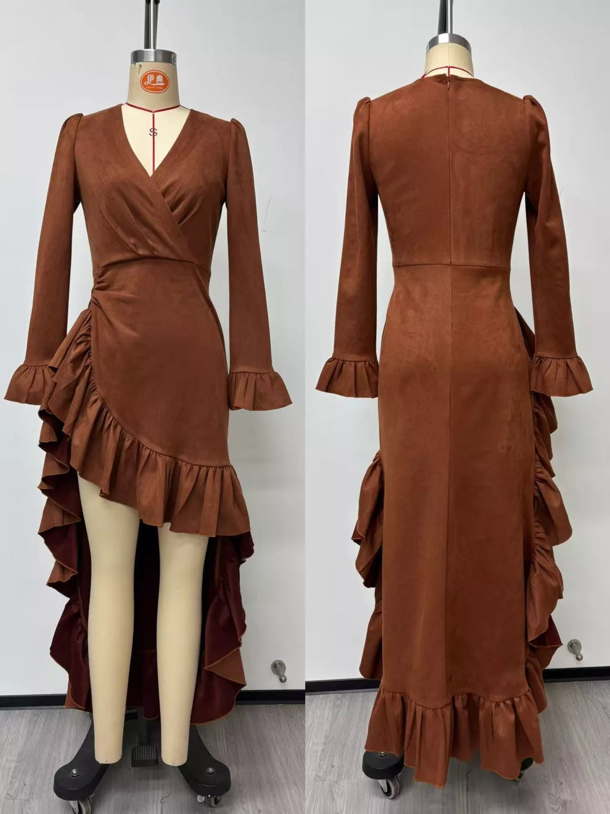 Boho Chic Suede Wrap Dress with Ruffled High-Low Hem