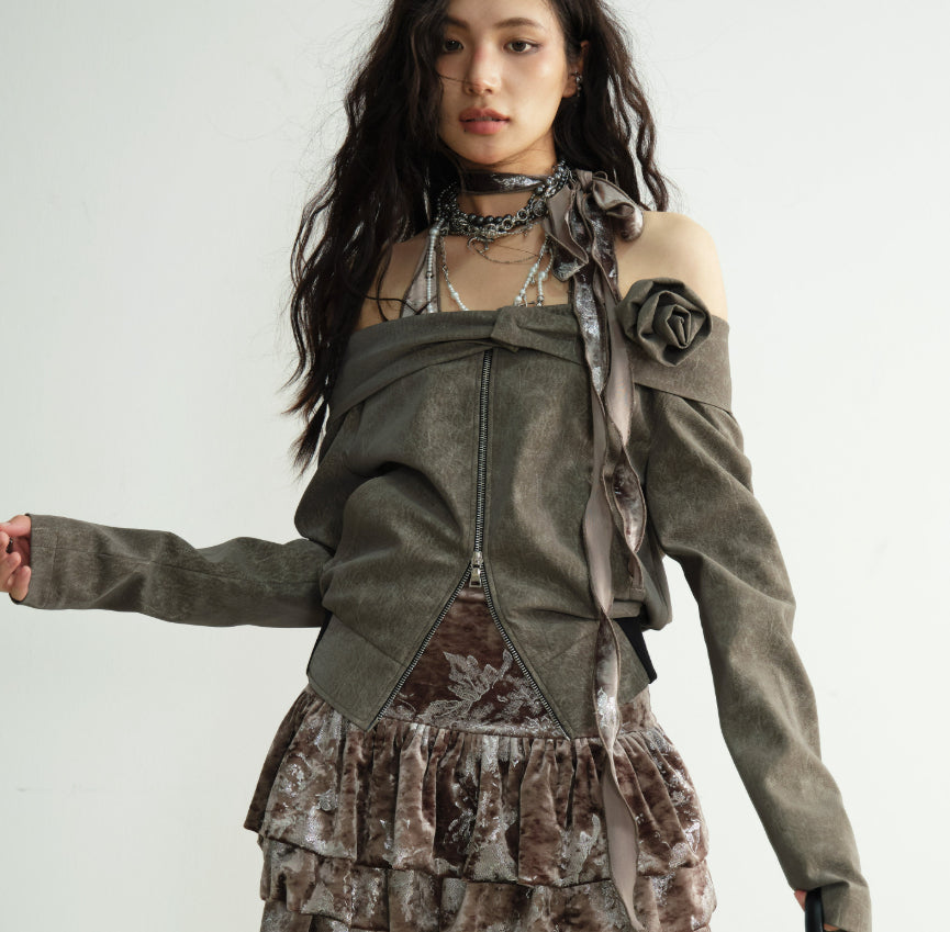 Coffee colored Three dimensional Floral accented Off shoulder Short Jacket