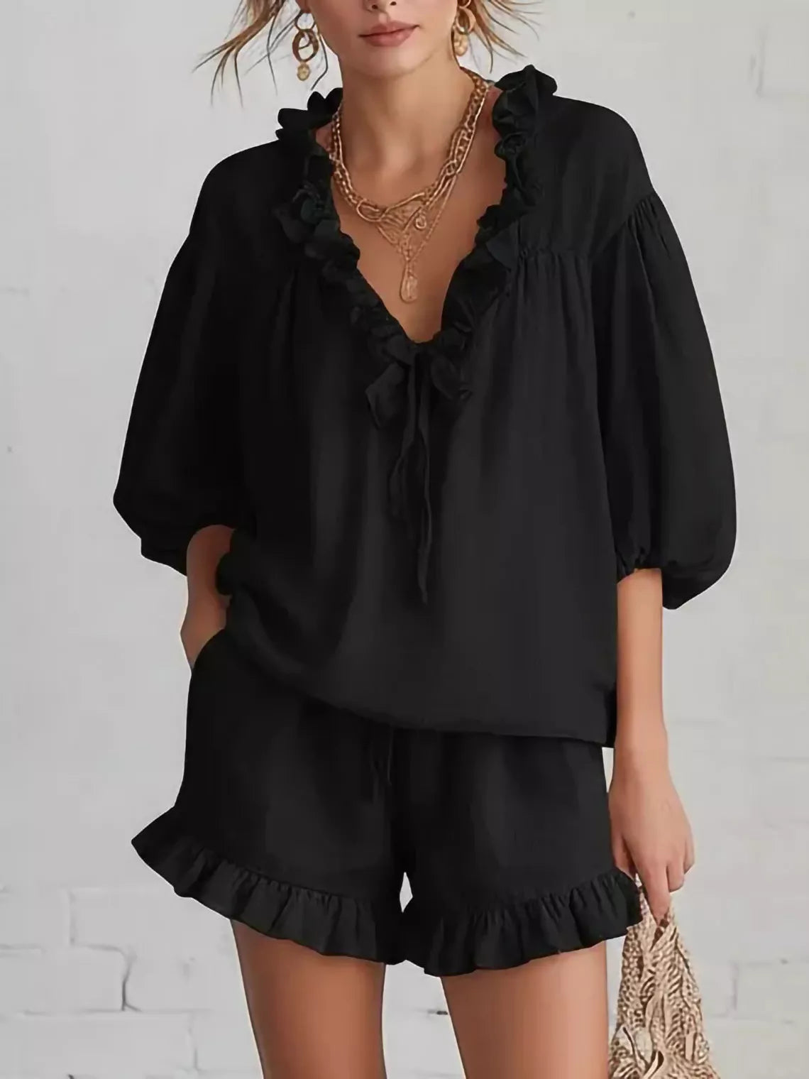 Ruffled V-Neck Blouse and Shorts Set