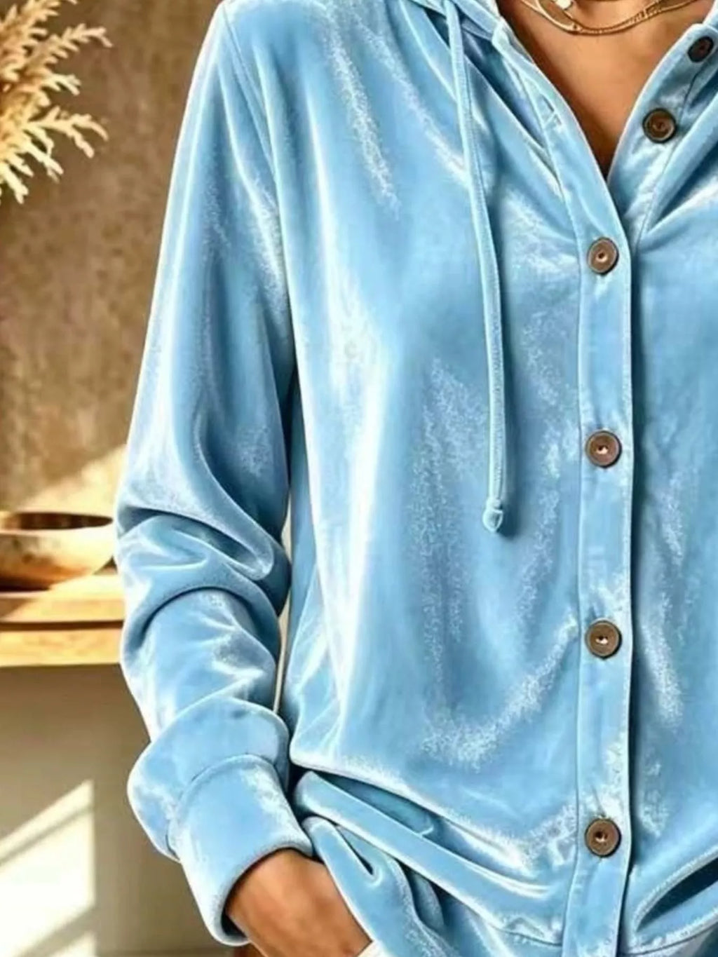 Full Size Velvet Button-Down Hooded Top Plus Size