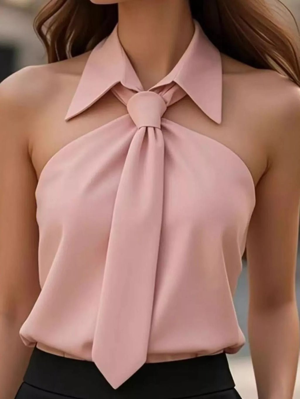 Halter Neck Sleeveless Top with Tie-Front Collar Detail