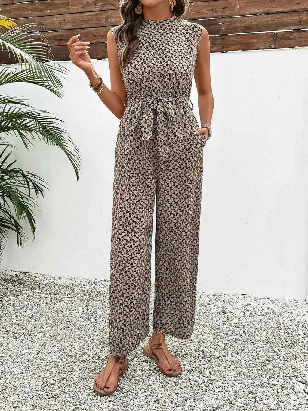 Printed Mock Neck Sleeveless Jumpsuit with Tie Waist