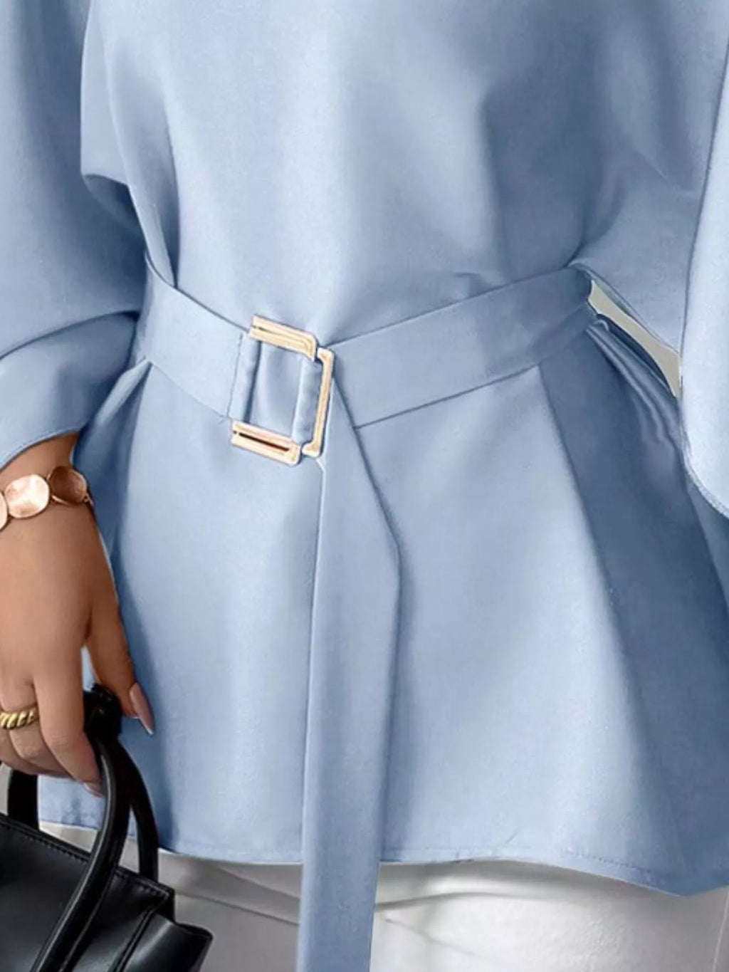 Round Neck Belt Batwing Sleeve Blouse