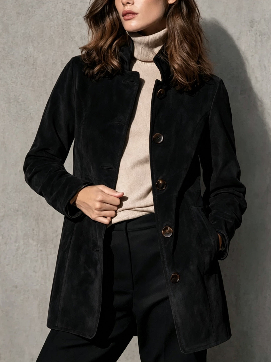 Suede Mid-length Loose-fit Casual Womens Jacket