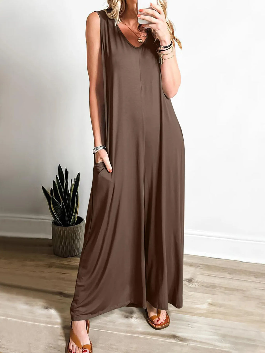 Sleeveless V-Neck Jumpsuit with Pockets