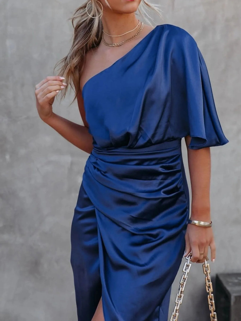 One-Shoulder Satin Wrap Dress with Side Slit