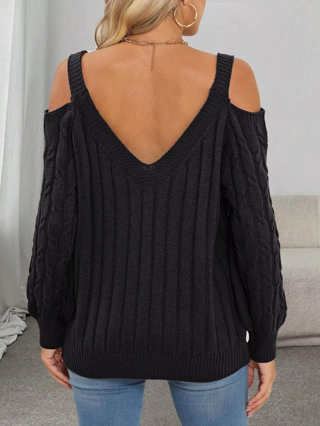 Floral Applique Cold Shoulder Cable Knit Sweater